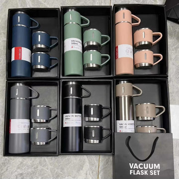 3-Cup Stainless Steel Vacuum Flask Set – Double-Layer, Thermal Bottle with Gift Box (Random Color)
