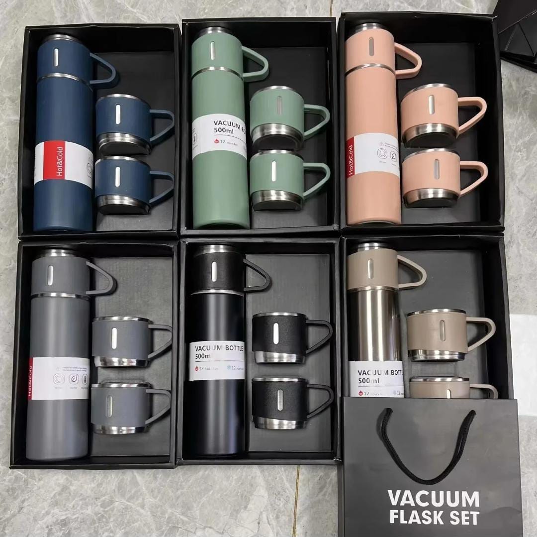 3-Cup Stainless Steel Vacuum Flask Set – Double-Layer, Thermal Bottle with Gift Box (Random Color)
