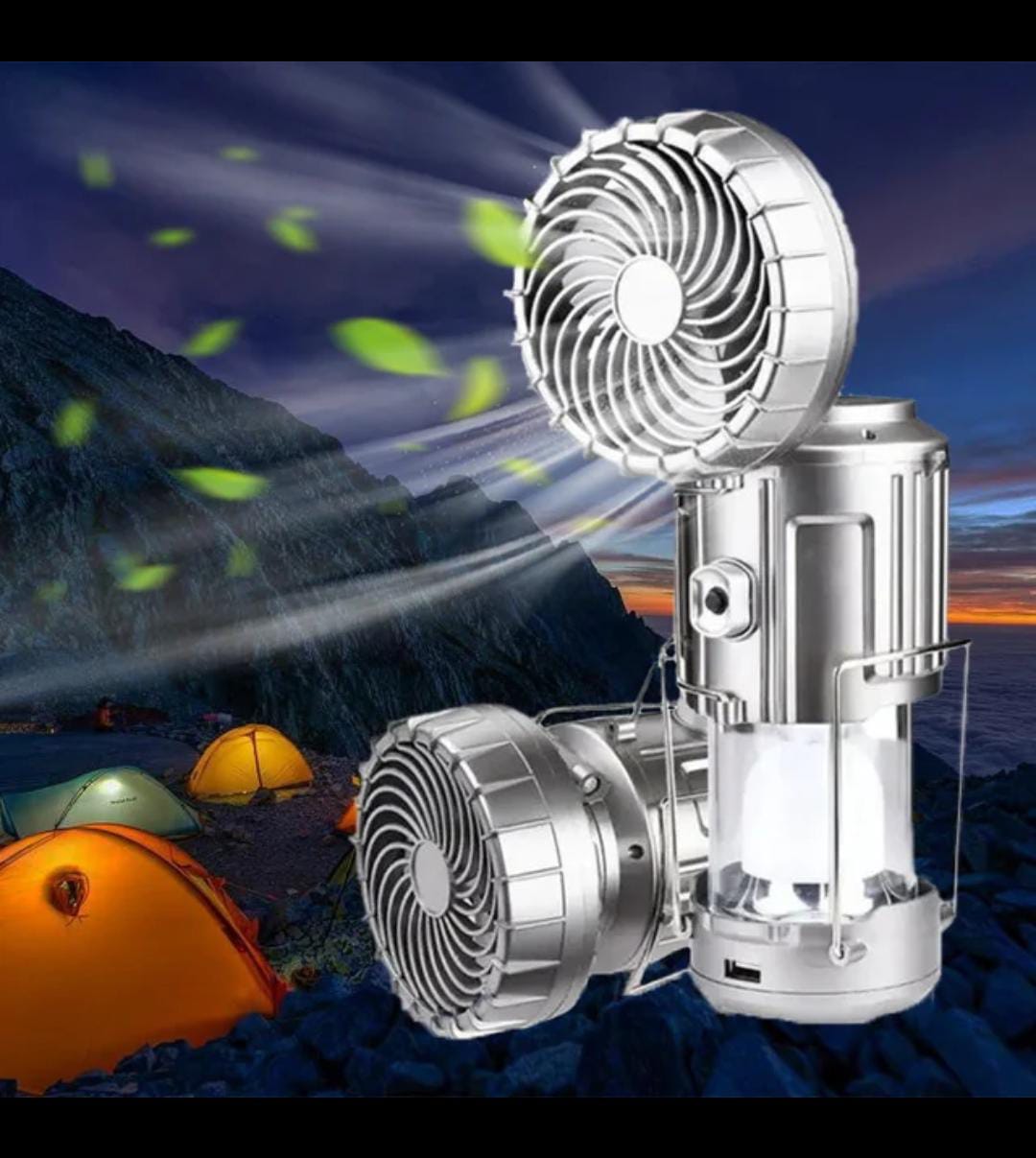 6-in-1 Portable LED Camping Lantern with Fan – Solar & Rechargeable Multi-Function Tent Light